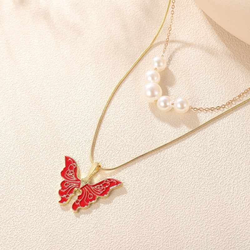 Colorful Butterfly Princess Same Necklace Double Layer Pearl Necklace Colorful Butterfly Neck Chain